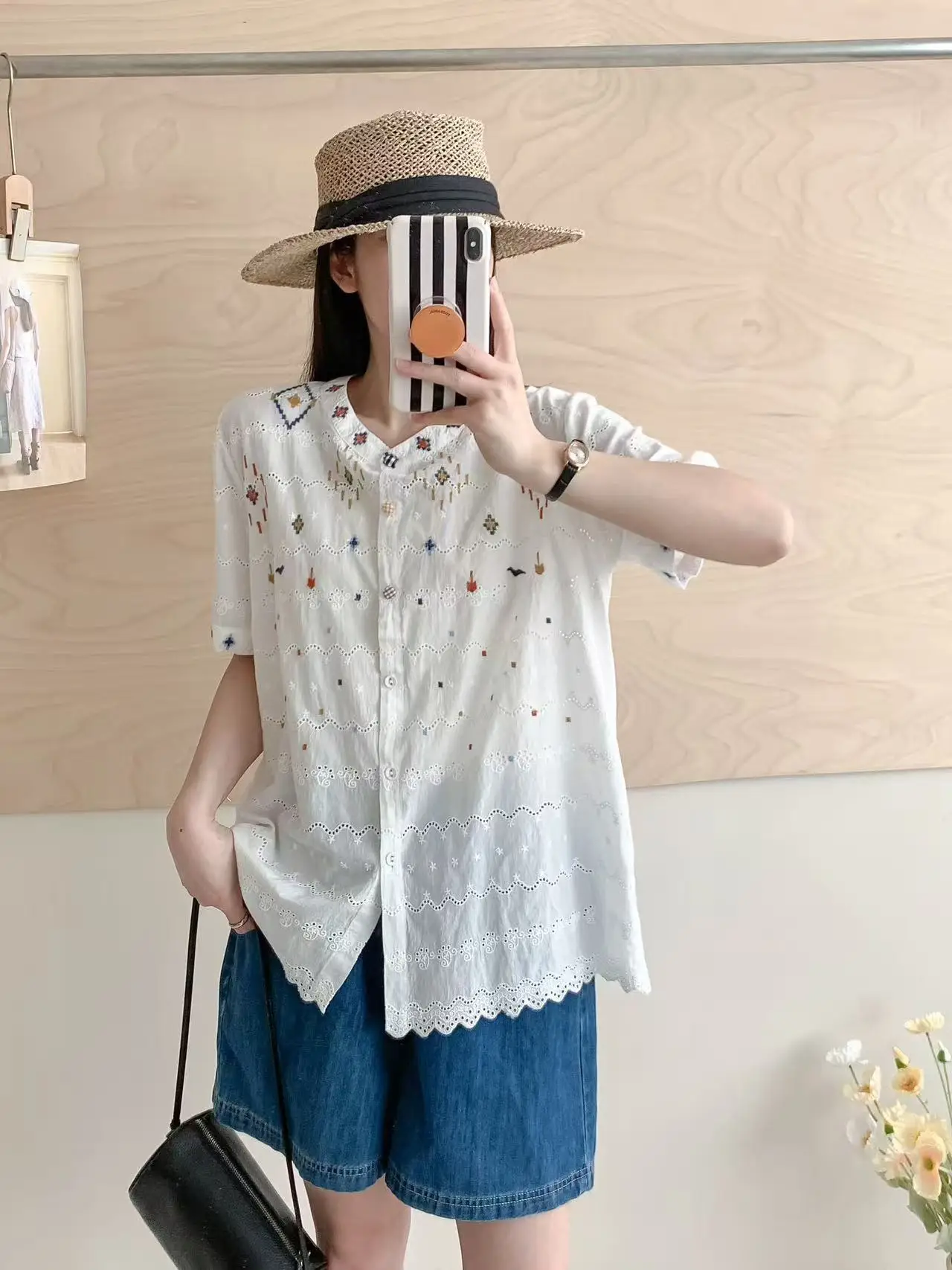 ใหม่2025ฤดูร้อนผ้าฝ้ายแขนสั้นเสื้อผู้หญิงยืนเย็บปักถักร้อย, MoriสาวRetroสไตล์จีนเดินทางเสื้อหลวมT56051CC