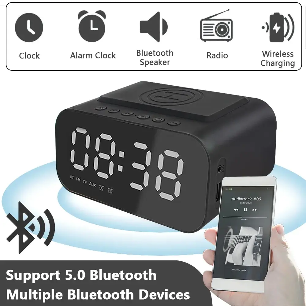 

Smart Digital FM Radio Alarm Clock with Wireless Charger, USB Fast Charger and Bluetooth Speaker Function, Multifunctional LED