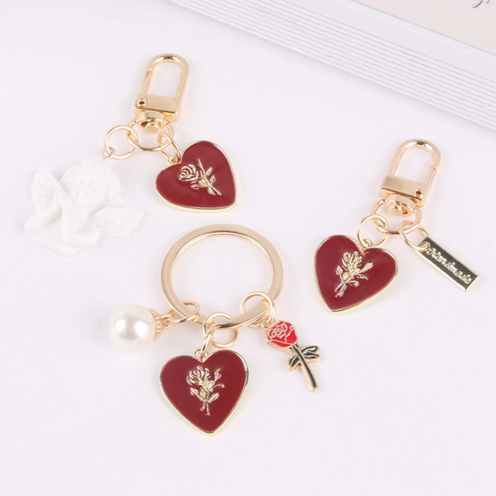 Llavero rosa con etiqueta de amor, colgante de Ángel, perlas, cadena de teléfono, dijes, llavero de coche, accesorios de decoración de bolso