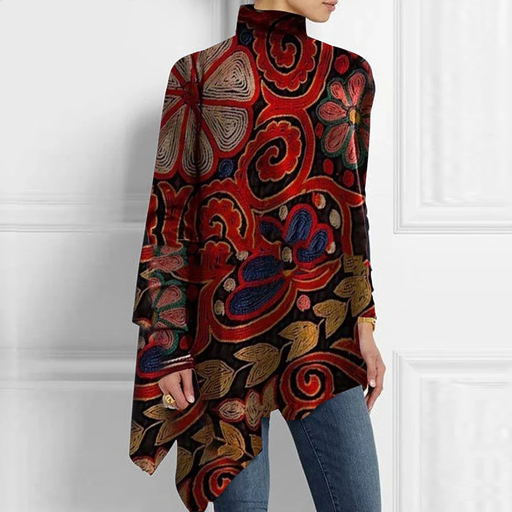 Plus Size Womens Allover Floral Printed Shirt Turtleneck Long Sleeve Ethnic Vintage Loose Tops Spring Female Asymmetrical Shirts