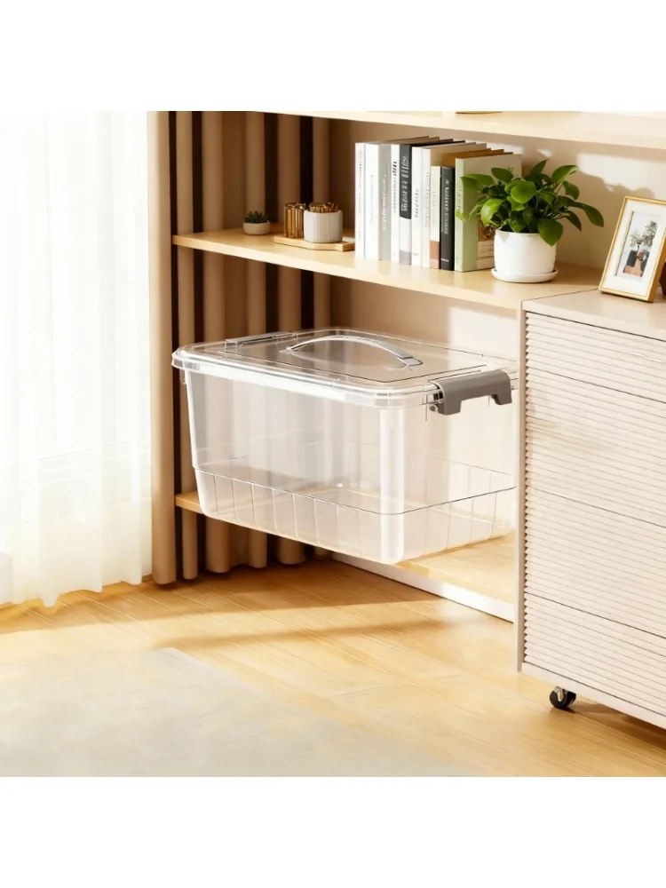 Storage Box with Lid, Semi-Transparent Stackable Organizer with Handle, Plastic Storage Bin for Books Toys Clothes