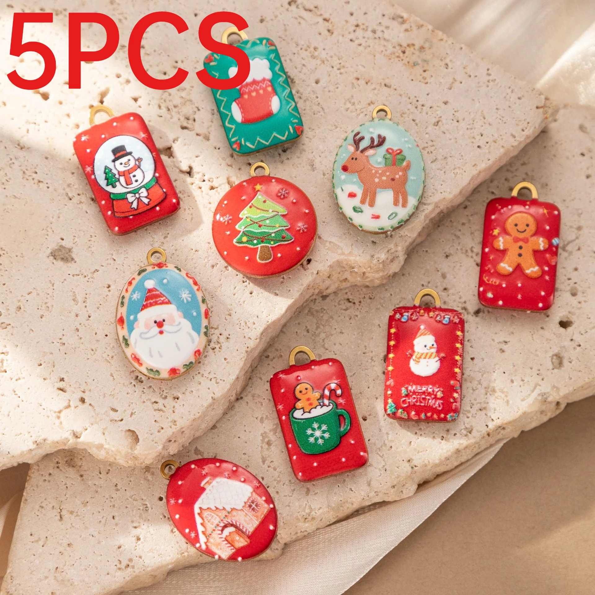 5Pcs Stainless Steel Double Sided Enamel Christmas Charms Santa Gingerbread Man Elk Tree Pendants DIY Jewelry