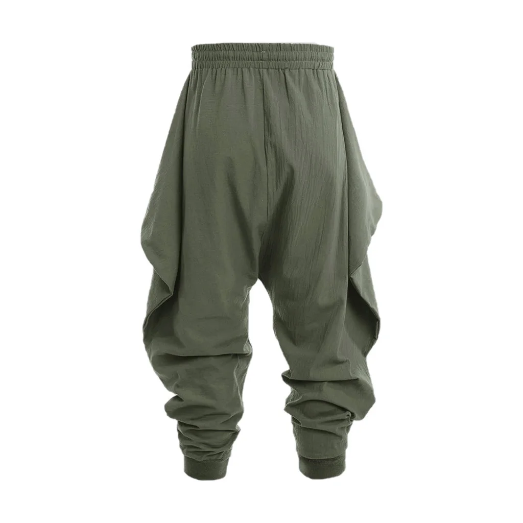 Herren Vintage Lange Hose Hip-Hop Gothic-Stil Lose Passform Baumwolle Leinen Haremshose Einfarbig Elastischer Bund Modische Hose – Detail 5
