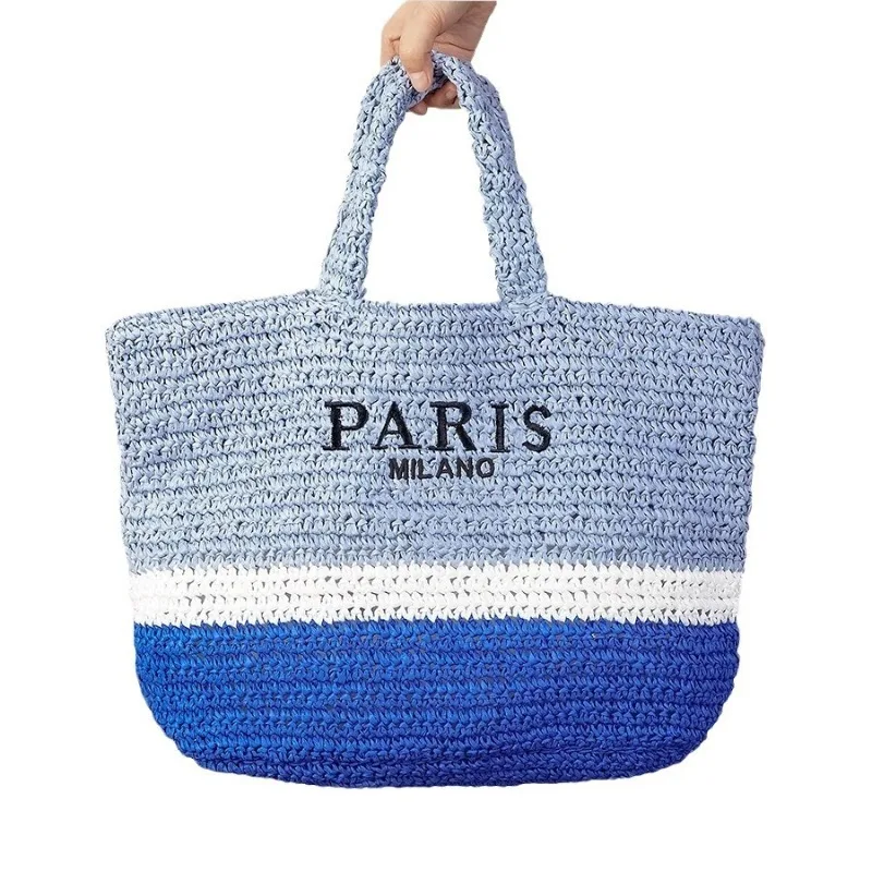 

Large Capacity Graded Color Striped Straw Bag Handmade Paper Woven Tote Bag Embroidery Letter Design Women's Summer Beach Bag