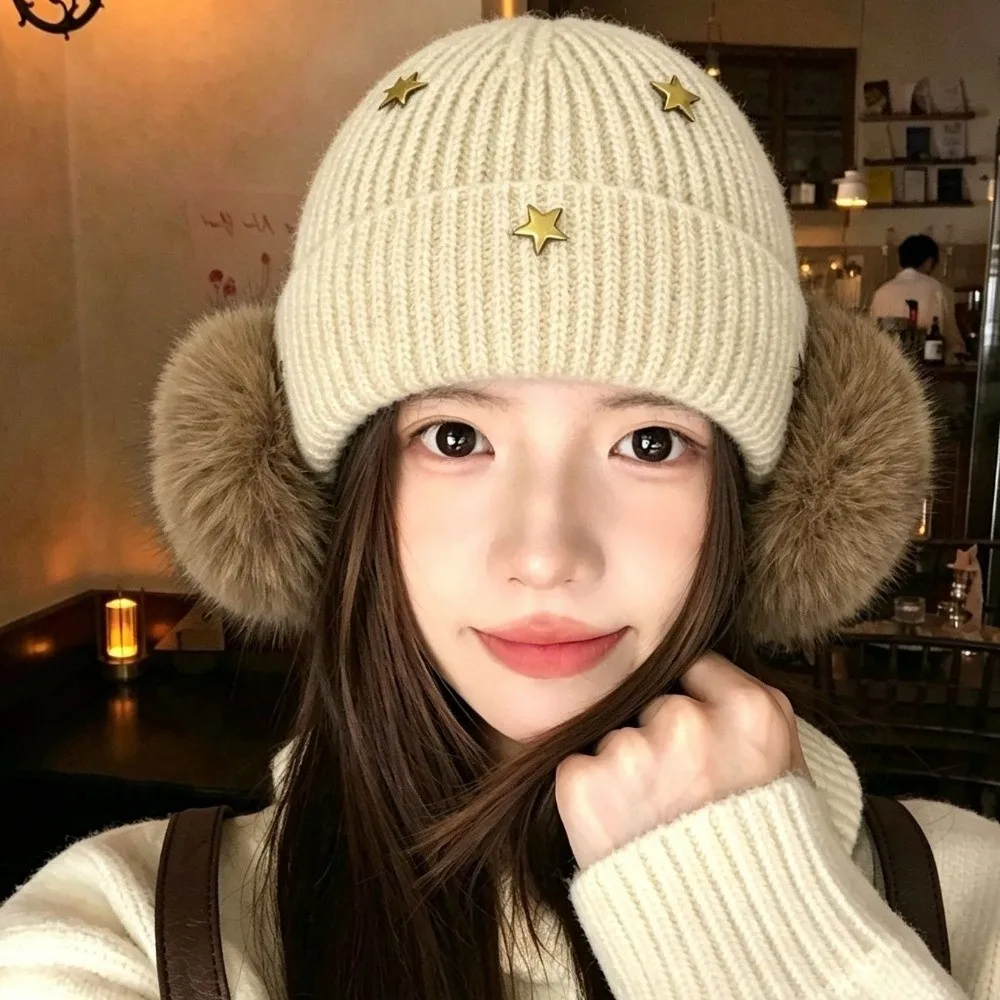 Cute Windproof Star Knitted Beanie Hat Warmth Cuffed Design Windproof Cap Knit Korean Style Women Warm Beanie Ski