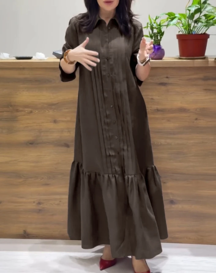 Casual Long Sleeve Button Down Slit Shirt Dress,Button Down Style with Pleated Detailing and Side Slit,Perfect for Various Daily