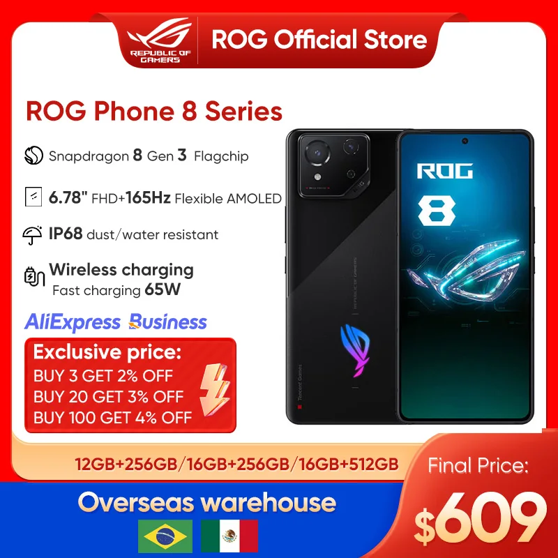 AliExpress Business ASUS ROG Phone 8 Gaming Phone Snapdragon 8 Gen 3 165Hz E-Sports Screen 5500mAh Battery Mobile Phone