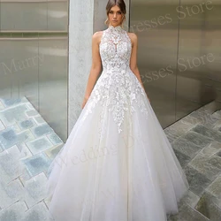 Bobo Modern A Line Women's Wedding Dresses High Neck Lace Appliques Bride Gowns Sexy Sleeveless Button Robe De Mariée Customized