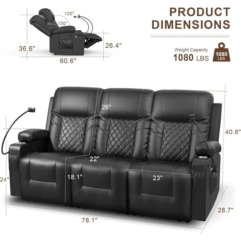 Recliner Sofa, Reclining Sofa 3 Seats Dual Recliner , with Cup Holder and 2 Cell Phone Holder, USB Ports, Black