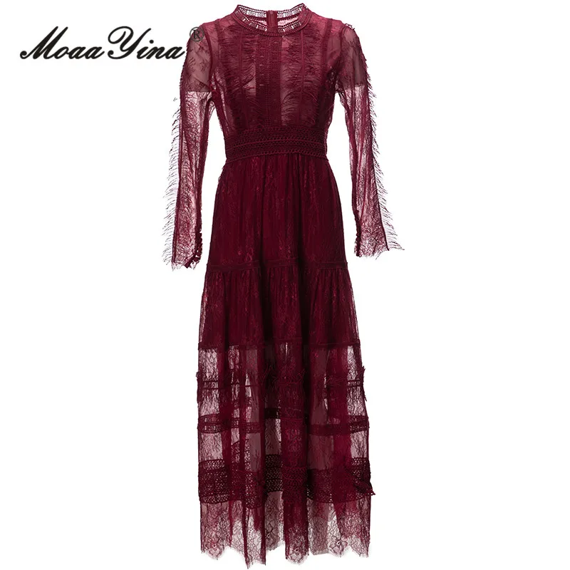 

MoaaYina Autumn Fashion Designer Wine Red Vintage Dress Women's O Neck Lace Embroidery Holiday Party High Waist Slim Long Dress