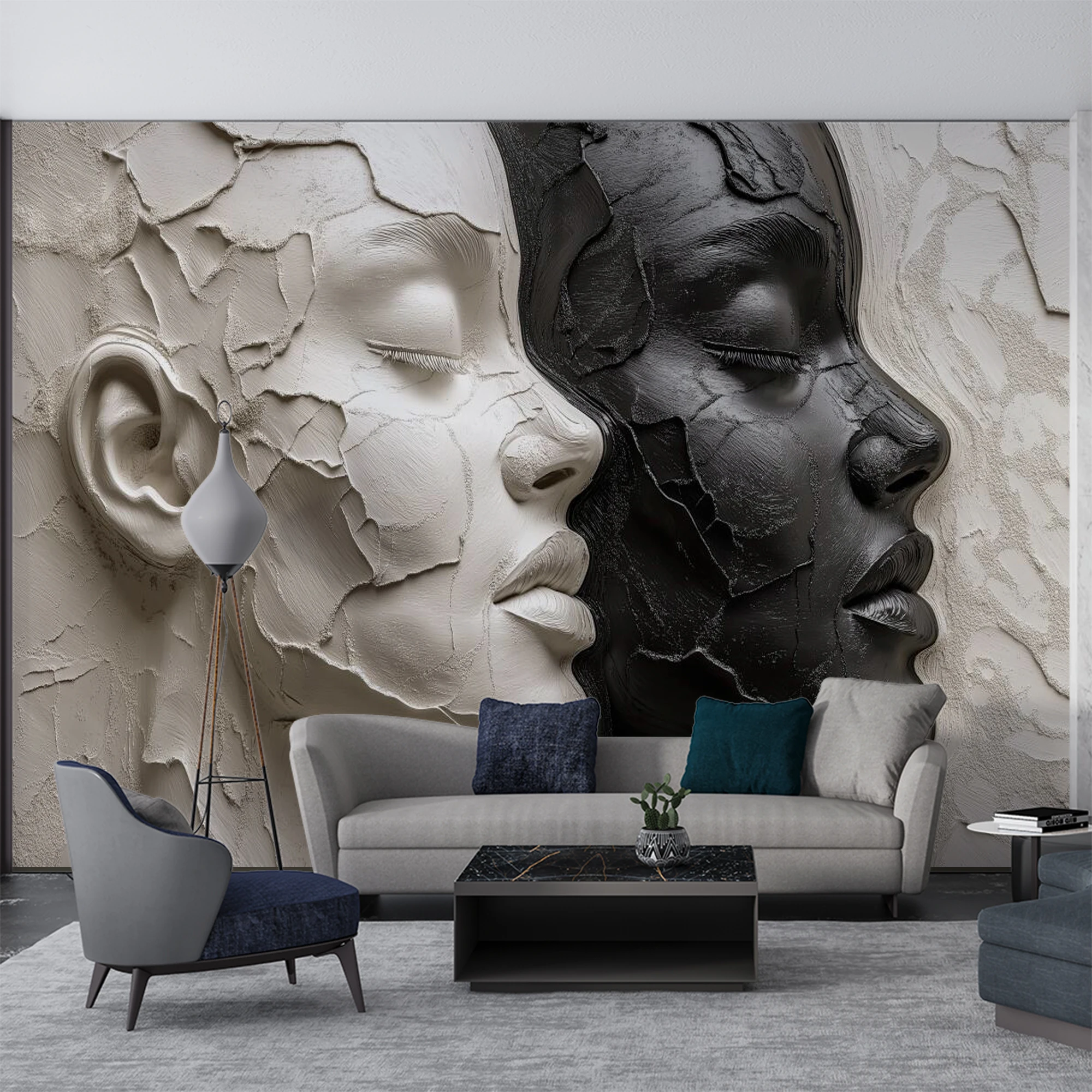 Custom Size Wall Mural 3D Plaster Texture Two Faces Black White Sculpture Wallpaper, Abstract Modern Art Wall Decor for Home