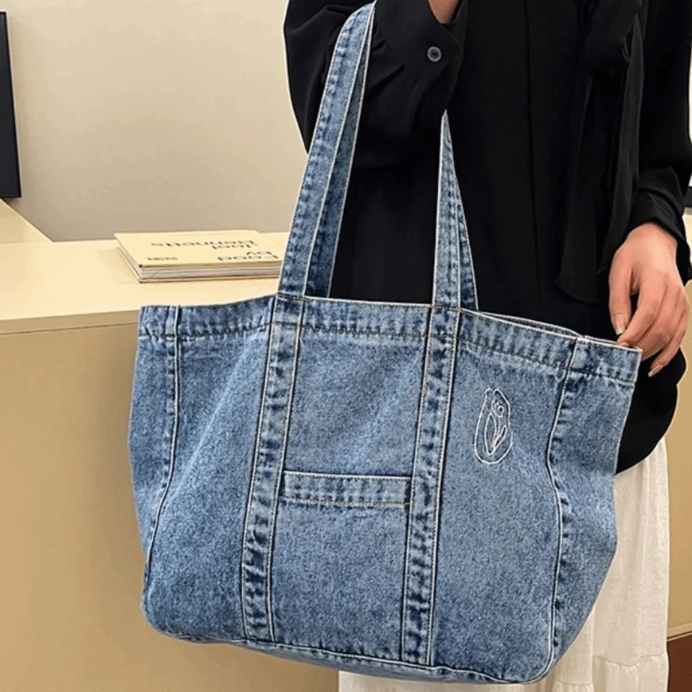 

Sweet Korean Style Denim Tote Bag Tote Bag Solid Color Large Capacity Handbag PU Leather Large Capacity Underarm Packs Women