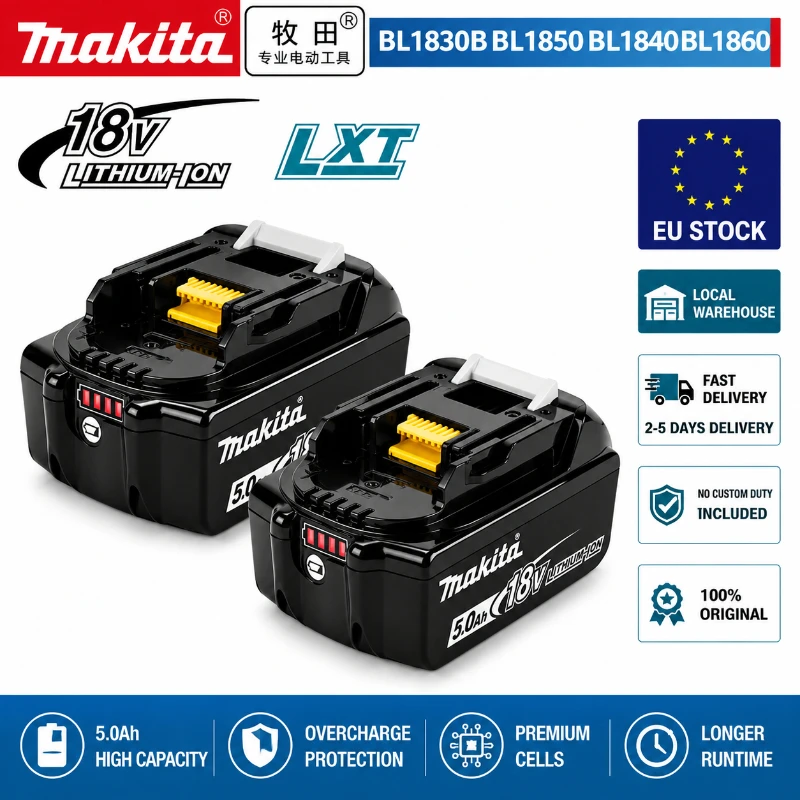 Makita BL1850B BL1860 18V 5,0Ah Li-Ionen-Akku, kompatibel mit Makita LXT Akku-Bohrhammer, Schlagschrauber, Schleifer, Kreissäge, EU-Schnellversand