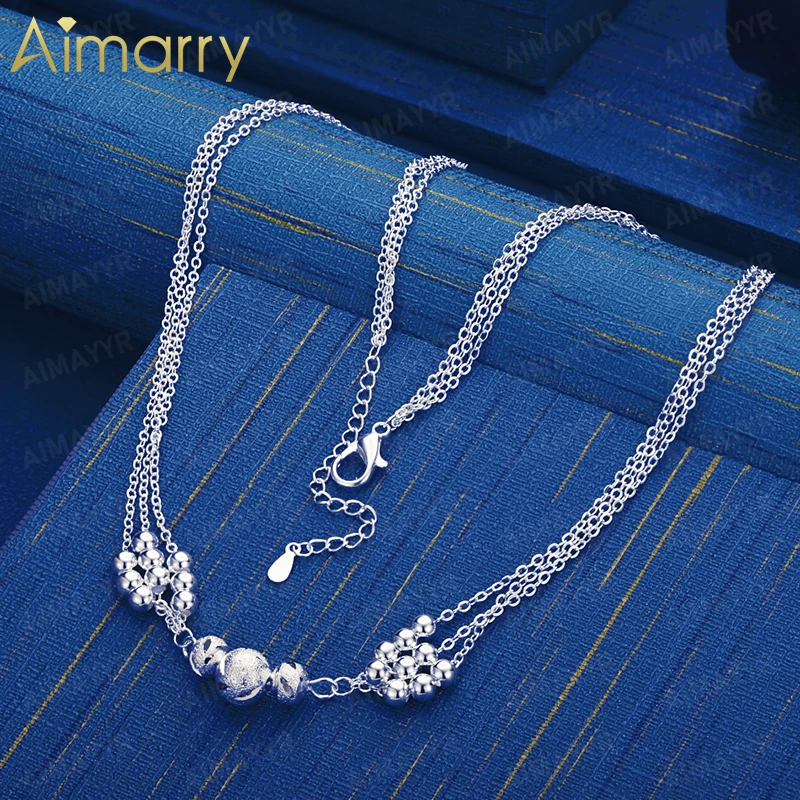 925 Sterling Silver Light Luxury Triple Strand Chain Frosted Transfer Bead Necklace 18 Inch Women's Party Fashion Jewelry