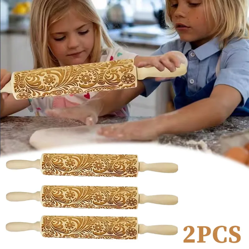 New Christmas Snowflake Printing Rolling Pin Snowflake Flower Rattan Wooden Embossed Carved Rolling Pin Christmas Decoration