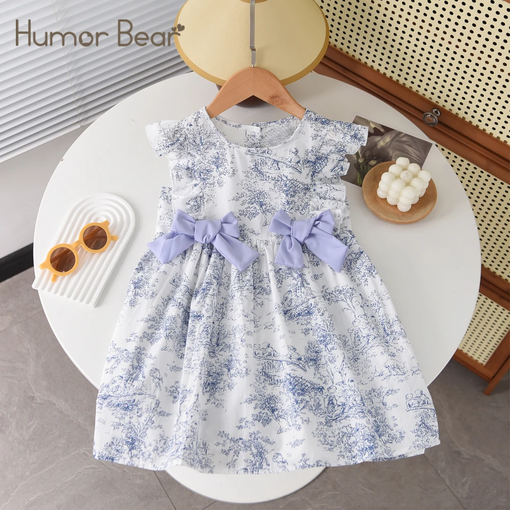 Humor Bear Girls French Style Dress Casual Sweet Bow Flying Sleeve Fashionable Children's princess dress