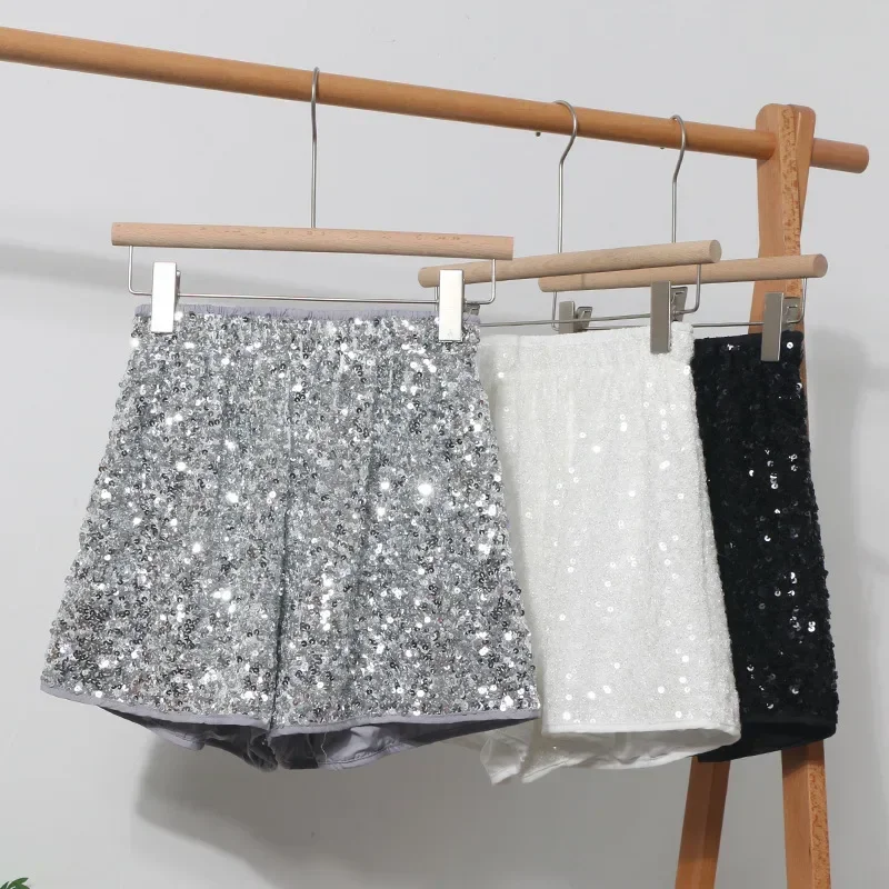 European and American Hotties Sequined Shorts High-waisted Wide-leg Pants Elastic Waist Casual Slimming Hot Pants with Boots