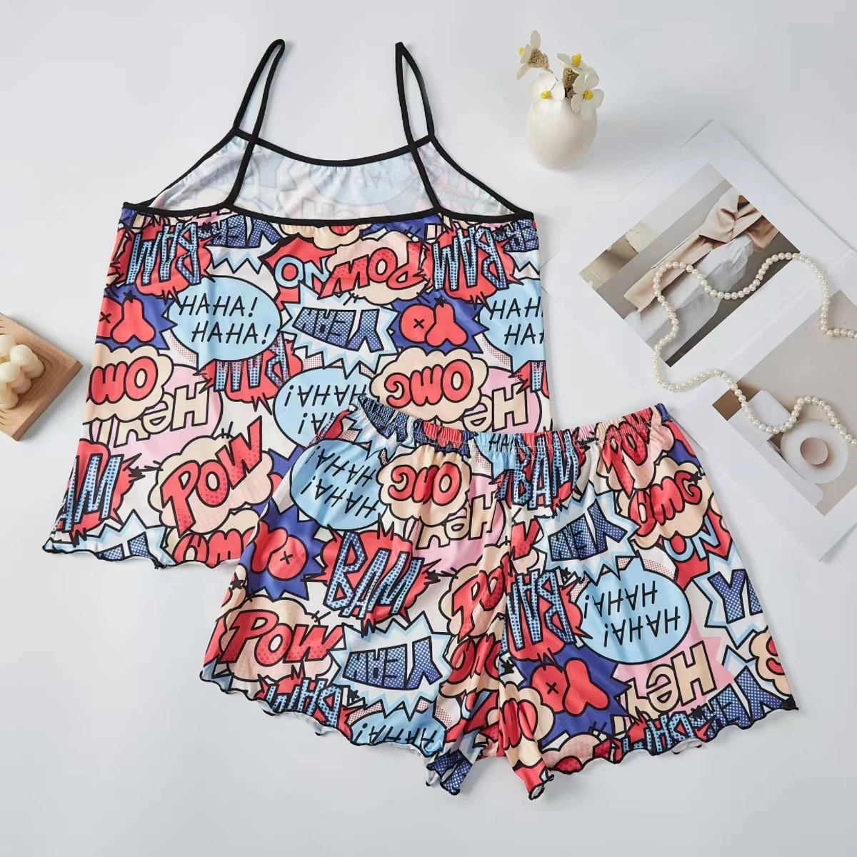 Women Pajamas Sleepwear Pajama Set Sports Camisole And Shorts S M L Multicolour Cartoon Rich Color Print Ventilate Comfortable