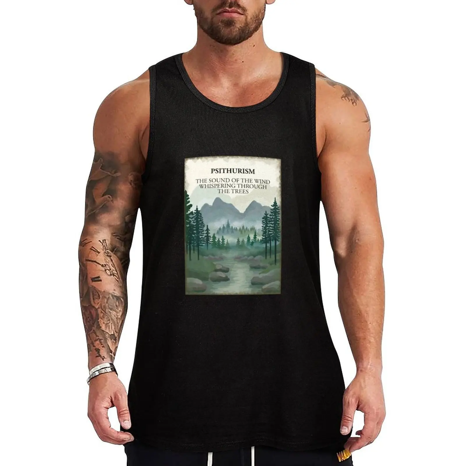 Psithurism The sound of the wind whispering through the trees. Misty forest woodland, river, hills mountains painting Tank Top