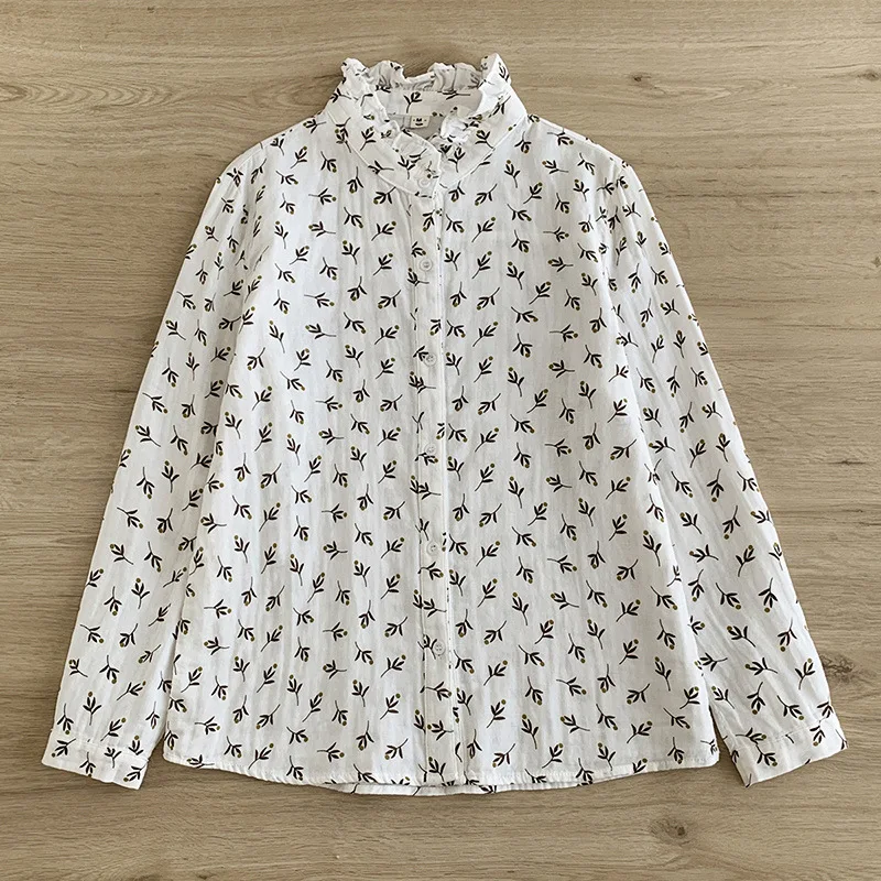 New Summer Cotton Yarn Long Sleeve Shirt, Women Lapel Cartoon Print Top, Mori Girl Casual Vintage Loose Blouses, Autumn T47986QM