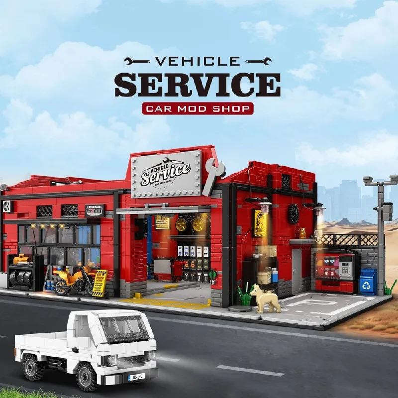 American Style Car Repair Mod Shop House LED Modular Building Blocks City View Store Brick Model Kit Toy Adults Kid Gift 2819PCS