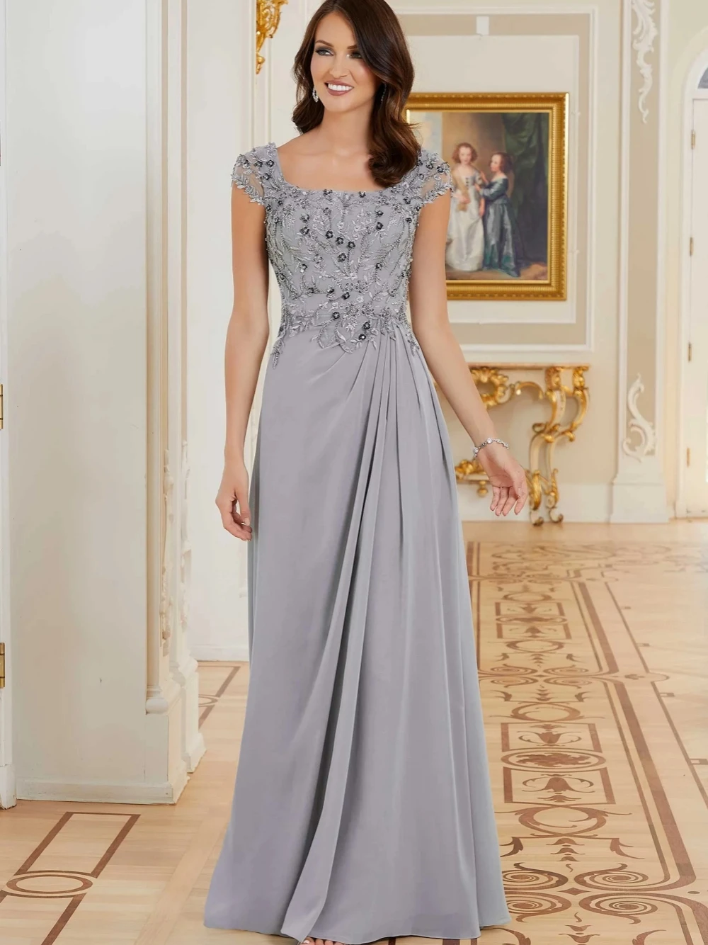 Vestido quadrado para mãe do pescoço da noiva para casamento, miçangas brilhantes, vestidos de baile, chiffon elegante, vestido de noite longo, clássico