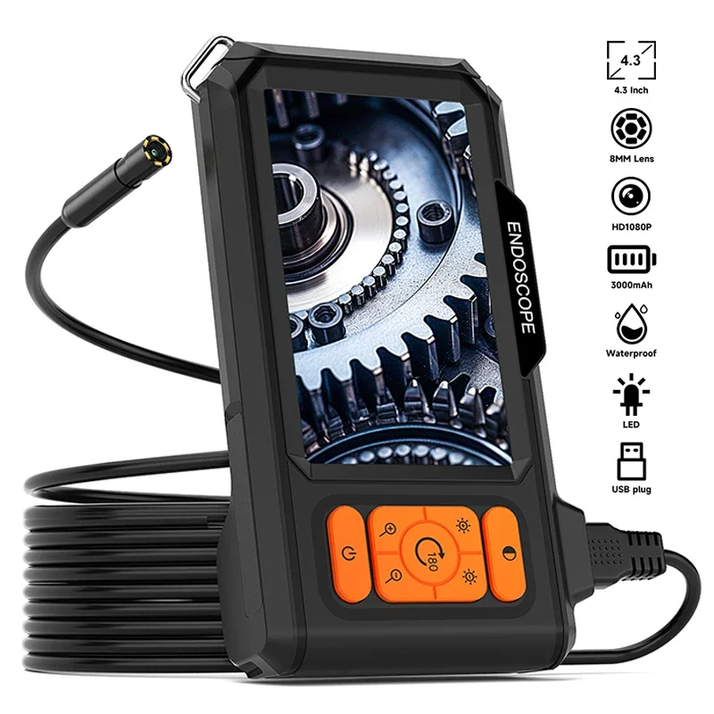 

HD1080P Industrial Endoscope 4.3'' IPS Screen 8MM USB Camera 2-100M Car Pipe Sewer Inspection Borescope 2600mAh Waterproof 8LEDs