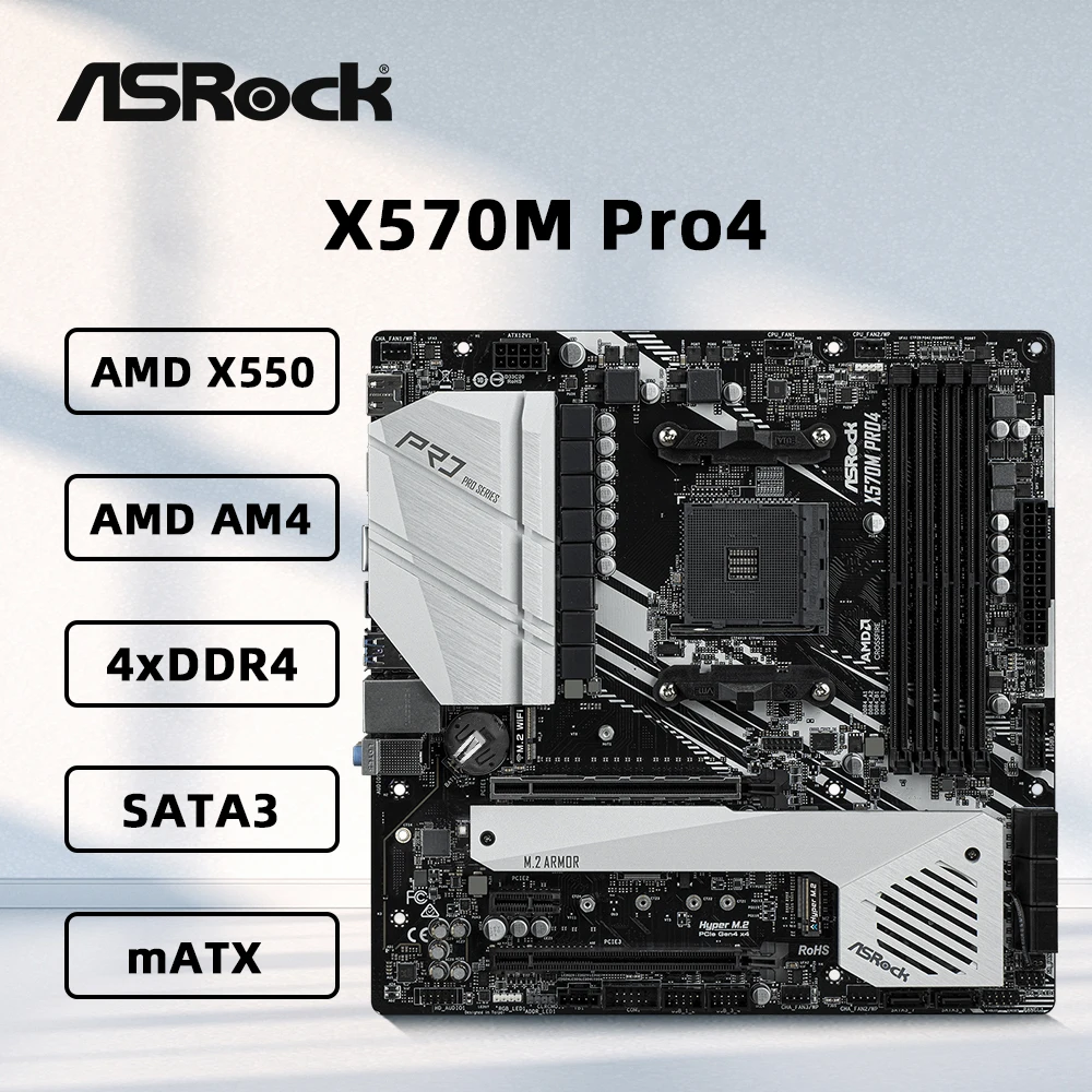 Placa base ASRock X570M Pro4 AMD X570 compatible con 5800X3D 5700x3D 5600G CPU 4xDDR4 4200MHz PCIe4.0 M.2 NVME mATX AM4