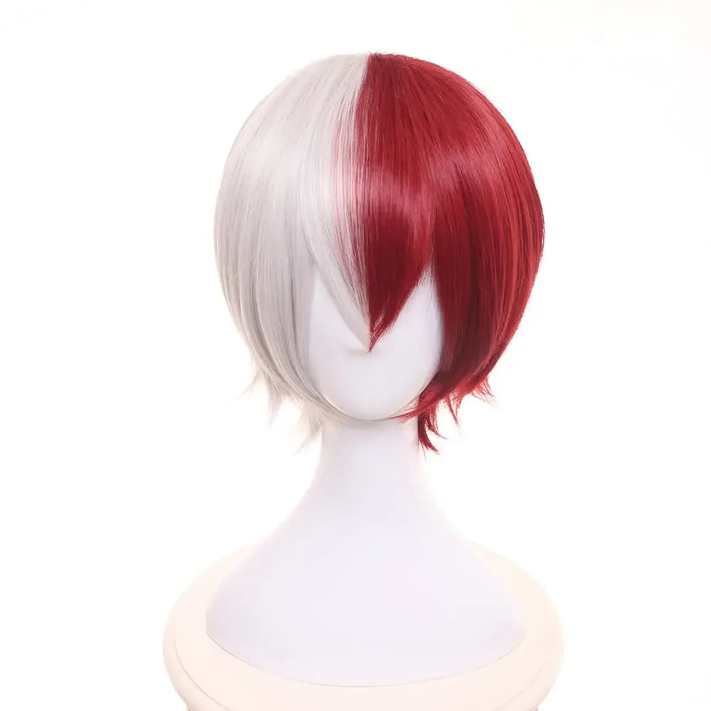 Cosplay Wig My Hero Academia Anime Costume with Half of  Half of Red Short Straight Wigs for Women or Men Halloween Family Party