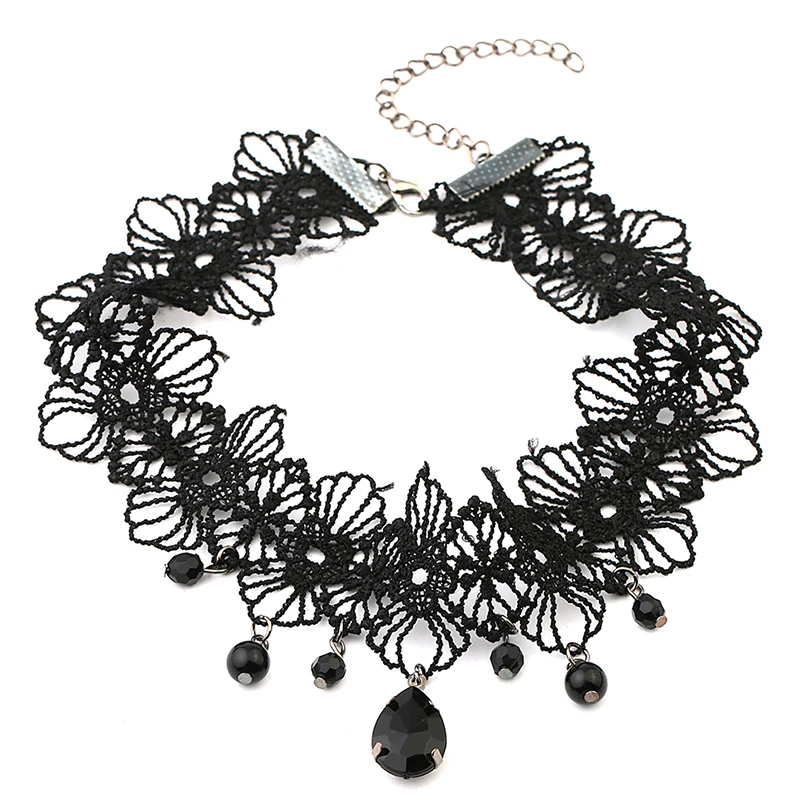 Vintage Gothic Lace Choker For Women Black Crystal Pendant Charm Choker Necklaces Lolita Bead Choker Jewelry