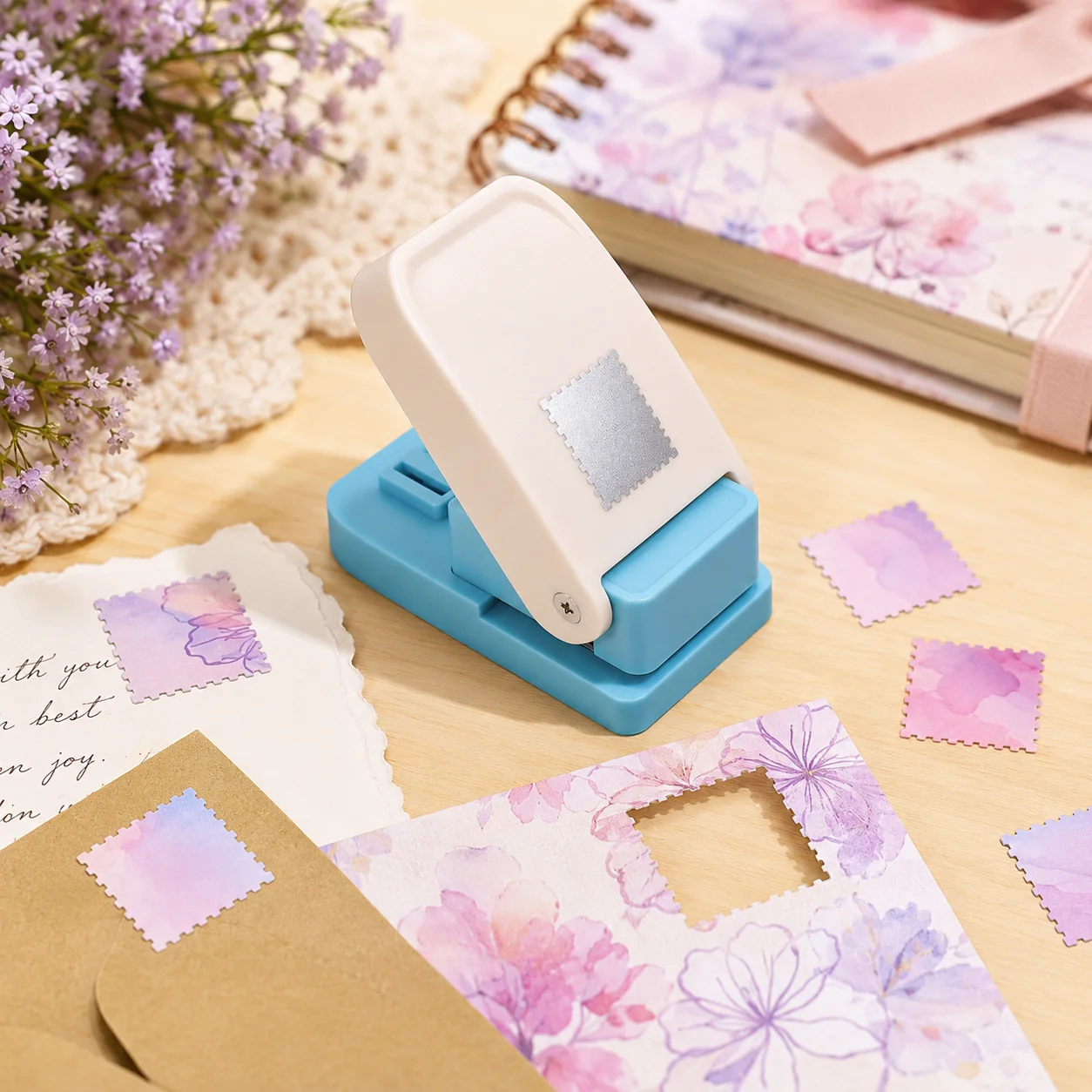 Square Postage Stamp Embossing Punch with Safe Lock, Paper Hole Puncher for Scrapbook Decor DIY Card Making Gift Tag