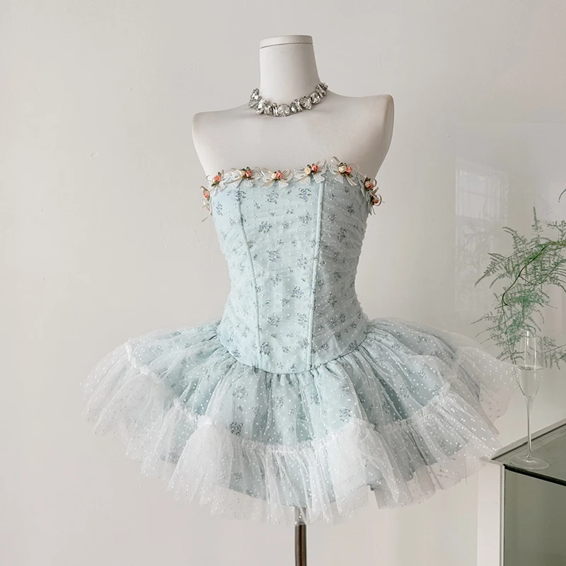 Exquisite Ballet-style Strapless Puff-sleeved Dress Sweet Sexy Birthday Dress Polka Dot Mesh Short Dress Blue White Ball Gown