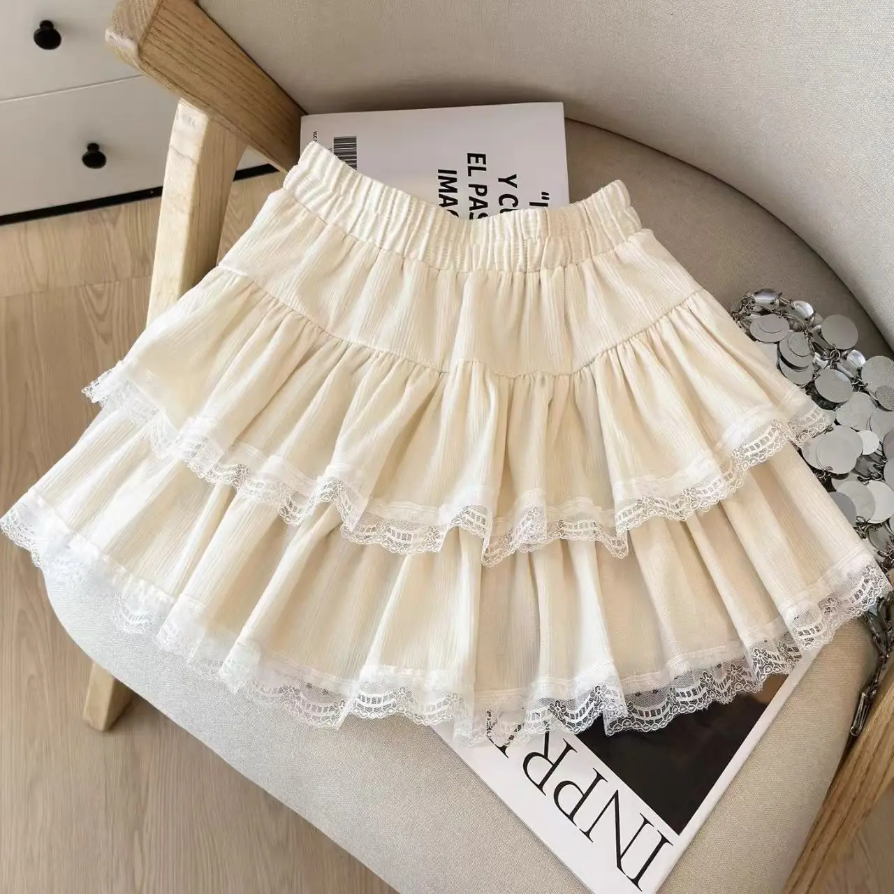 2026 Sweet Ballet Style Ruffle Lace Splicing Layered Cake Skirt High Waist A-Line Short Skirt for Women Anti-Aging Elastic Waist