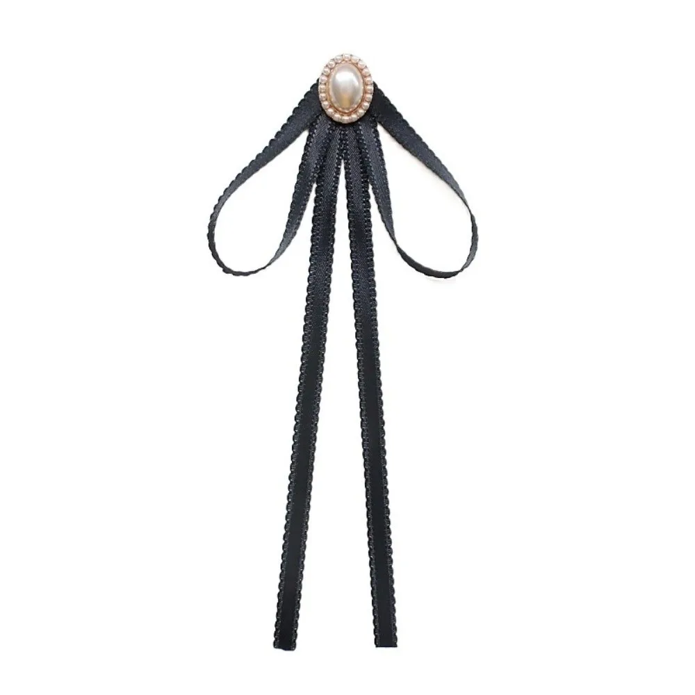 الفاخرة بلون الأسود الشريط دبوس اللؤلؤ الراين الأسود القوس ربطة العنق متعدد الطبقات لوليتا الشريط شارة بروش فتاة