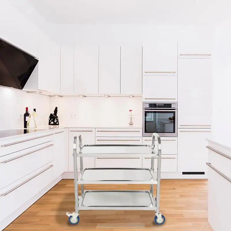 Mobile 3-Tier Stainless Steel Serving Cart, Kitchen Tea Trolley Wine Storage Cart for Home Commercial