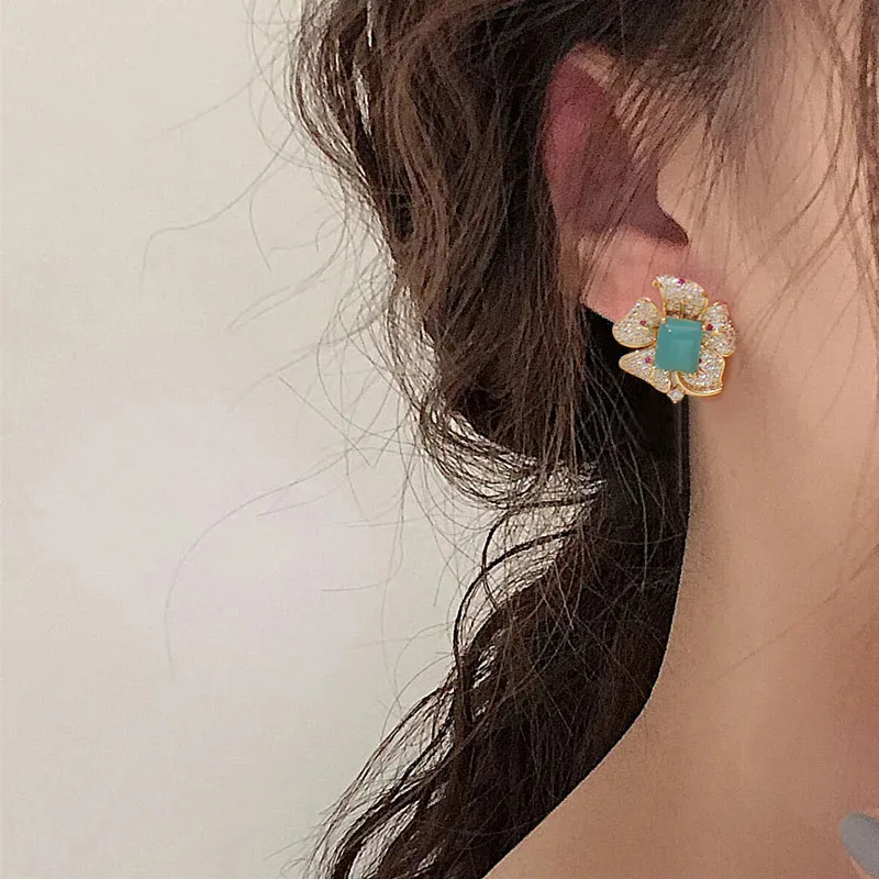 18K Gold Plated Flower Stud Earrings Square Tourmaline Semi-precious Stones Women Gift For Female Jewelry Special Design