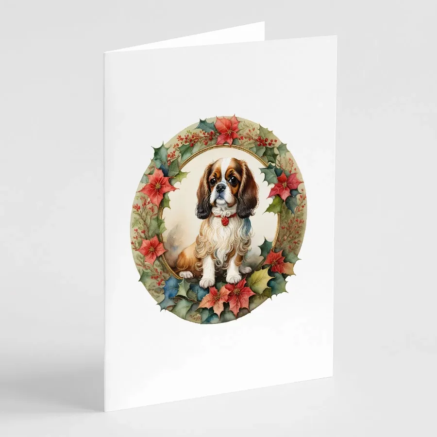 English Toy Spaniel Christmas Flowers Greeting Cards Pack of 8 Blank Cards with Envelopes Whimsical A7 Size 5x7 Blank Note Card