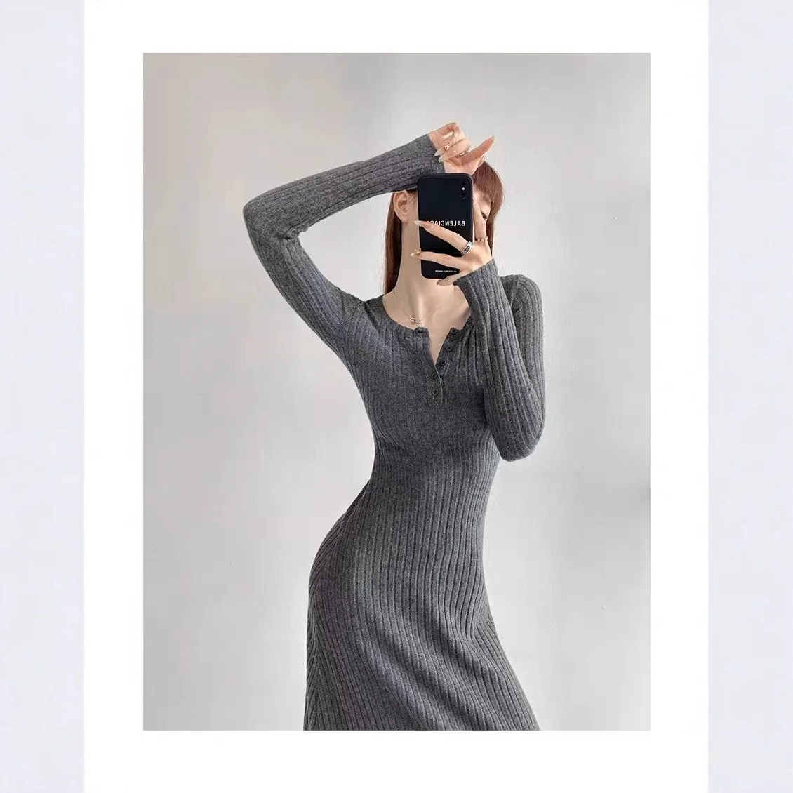 

Knee Length Pullovers Dark Blue Y2K Sweaters Jumpers Women Crew Neck Slim-Fitting Golf Thermal Knit Fashion Asymmetrical Frilly