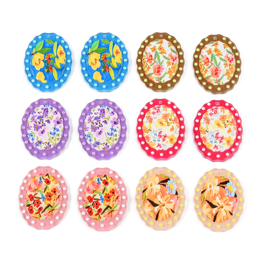 6pc Colorful Flower Painting Oval Acrylic Plate Pendant Jewelry Accessory Handmade Connector DIY Earrings Component for women