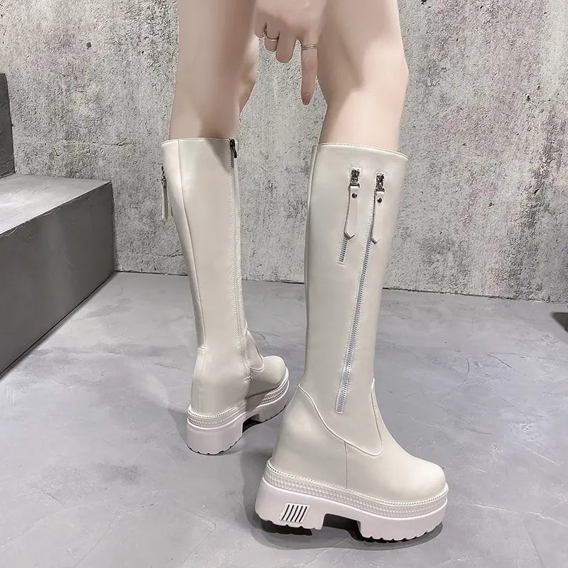 Women Chunky Platform Knee- High Boots Fashion Retro Punk Height Increasing Long Boots Woman 10cm Women Autumn Winter Booties