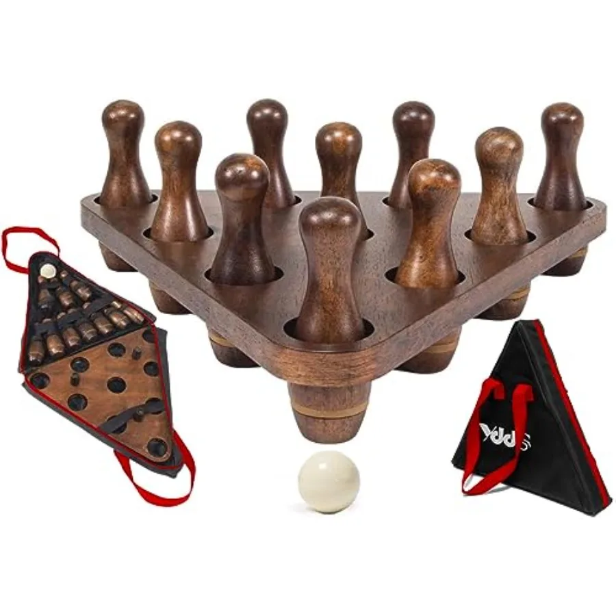 

Shuffleboard bowling pin set for indoor games, premium hardwood pins in natural wood color, durable triangular pinsetter with r