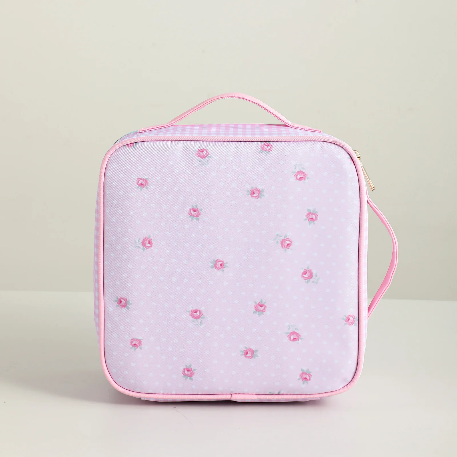 Insulated Lunch Bag Floral Canvas Polka Dot Pink Plaid Blue Bow Portable With Handle Zipper Tote Bag