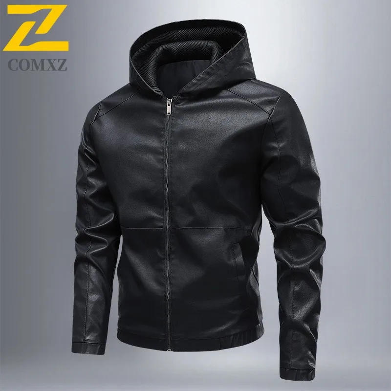 

COMXZ Мужская кожаная куртка Повседневная с капюшоном Уютная куртка для скалолазания на открытом воздухе Повседневная одежда для отдыха Легкие ветрозащитные осенние пальто