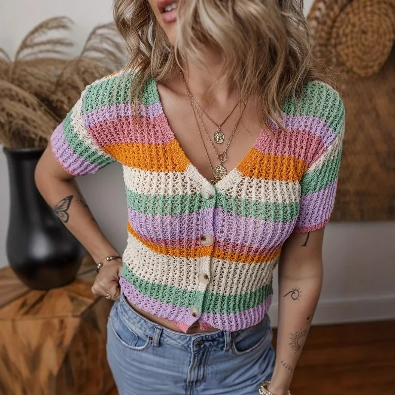 

Women Summer Single Breasted Striped V Neck Knitted Sweater Caridgan Hollow Out Short Sleeve Sweet Temperament Slim Top Casual