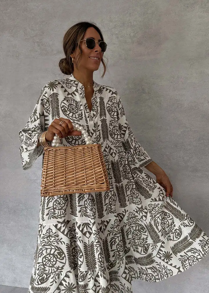Jupe chemise imprimée décontractée à manches sept quarts pour femmes, mode d'été, col en v, ample et grande robe de tempérament Swing