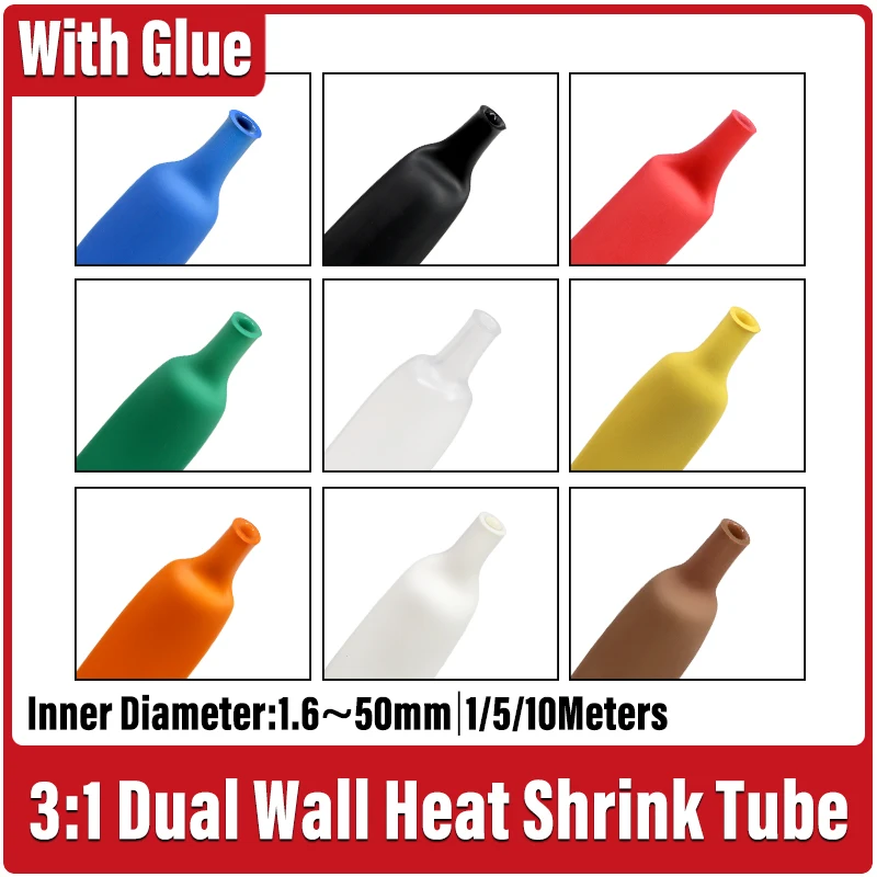 1/5/10m 3:1 Dual Wall With Glue Heat Shrink Tube Diameter 1.6~50mm Insulated Cable Shrinking Tube Sleeve Double Wall Sleeve