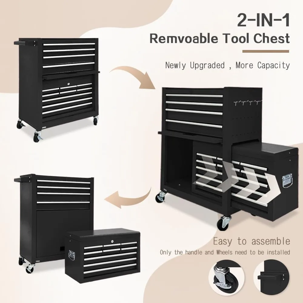 13-Drawer Tool Chest with Toolbox and wheels, Large Detachable Tool box with Sliding Drawers, Mechanic Tool Box Storage Cabinets