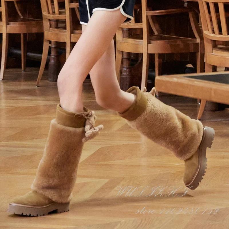 

Women's Knee Brown Lamb Fleece Platform Boots Round Gear Tassels Pendants Elastic Straps Calf Booties Elegant Casual Winter Shoe