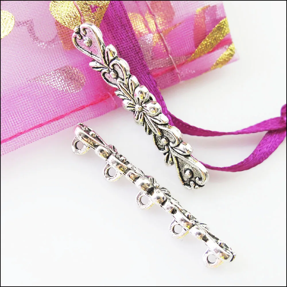12Pcs Tibetan Silver 5 Hole Flower Heart Spacer Bar Beads Connectors Charms 6.5x36mm