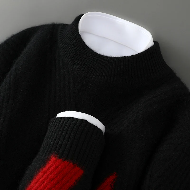 New Men's Fashion 100%Wool Sweater Autumn Winter Round Neck Knitted Warm Color Blocking Bottoming Shirt Business Casual Pullover